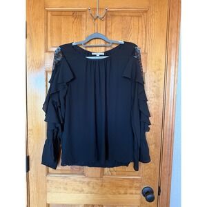 LOFT Black Ruffle Sleeve Lace Detail Blouse Top Women's Medium